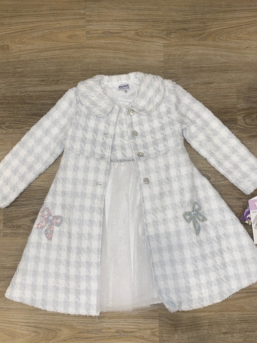 Girls White Tweed Coat and Dress with Bow Accents